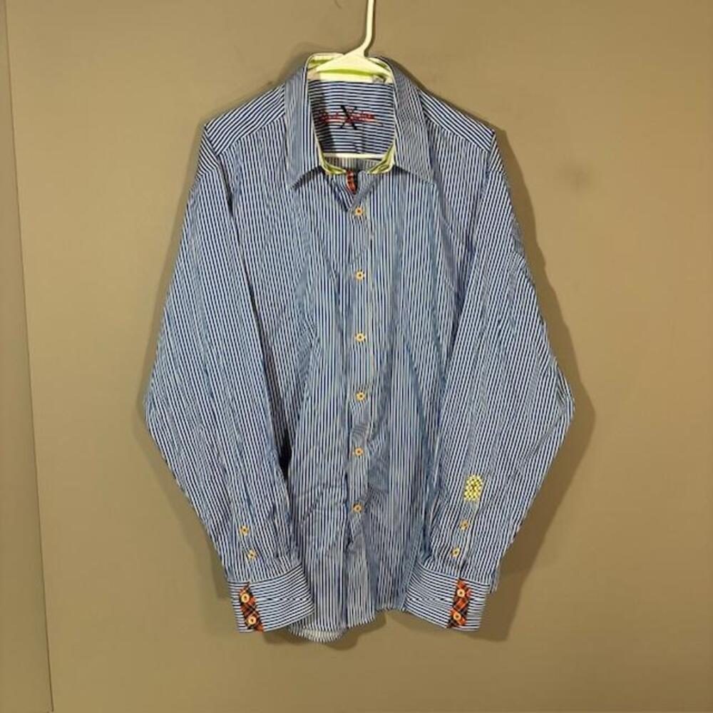 Robert Graham Shirt Mens 2XL Blue Stripe Long Sleeve Button Up Cotton Casual